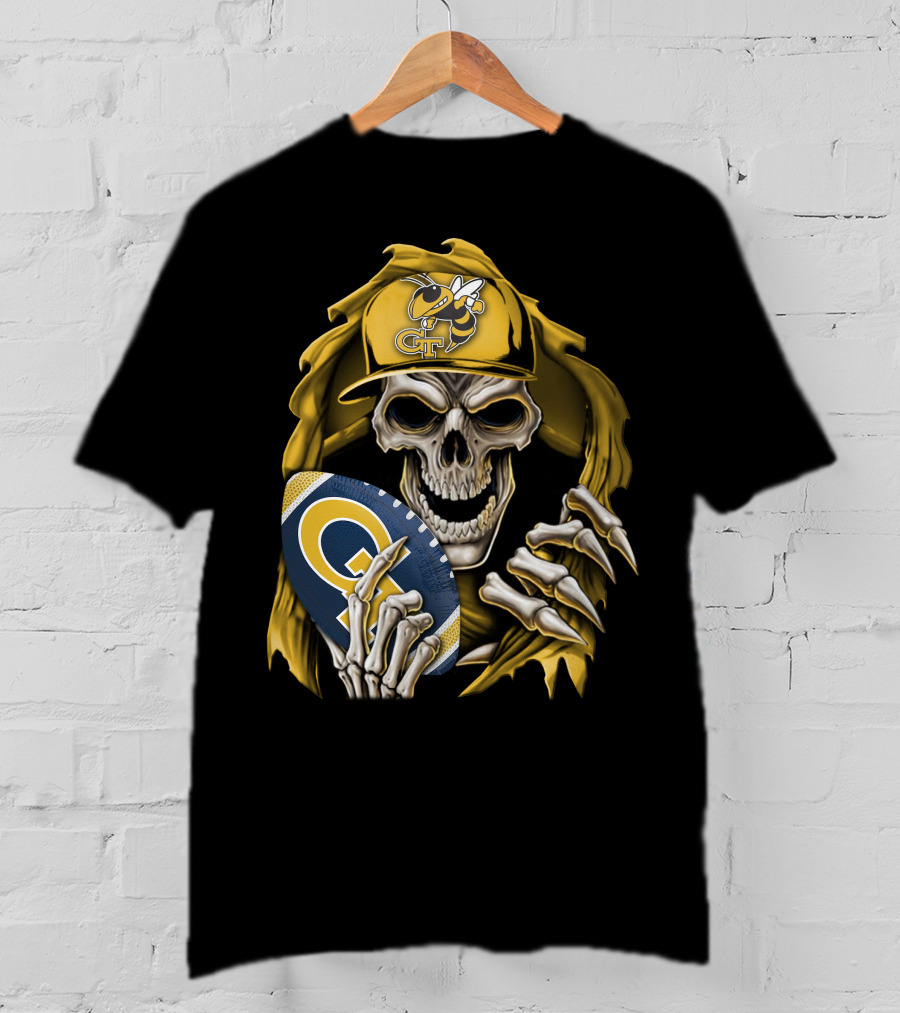 Skullbong Georgia Tech Yellow Jackets Grim Reaper Holding GT Football With Yellow Jacket Cap T-Shirt