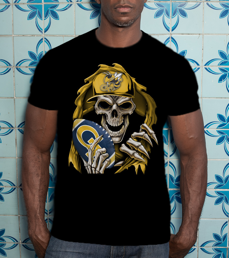 Skullbong Georgia Tech Yellow Jackets Grim Reaper Holding GT Football With Yellow Jacket Cap T-Shirt