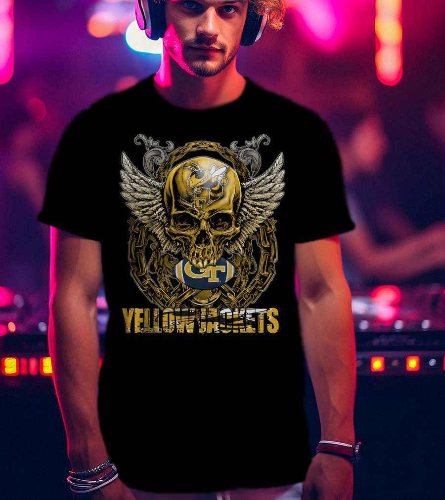 Skullfb Georgia Tech Gt Yellow Jackets Winged Skull Football T-Shirt