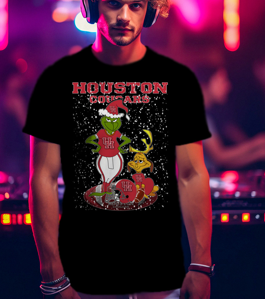 Houston Cougars Grinch Holiday Football Snow Scene T-Shirt