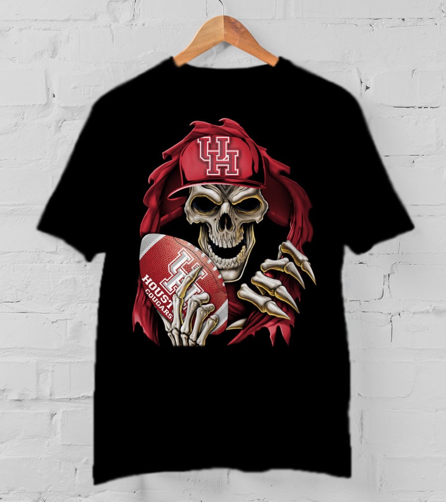 Skullbong Houston Cougars Skeleton Holding Football With UH T-Shirt