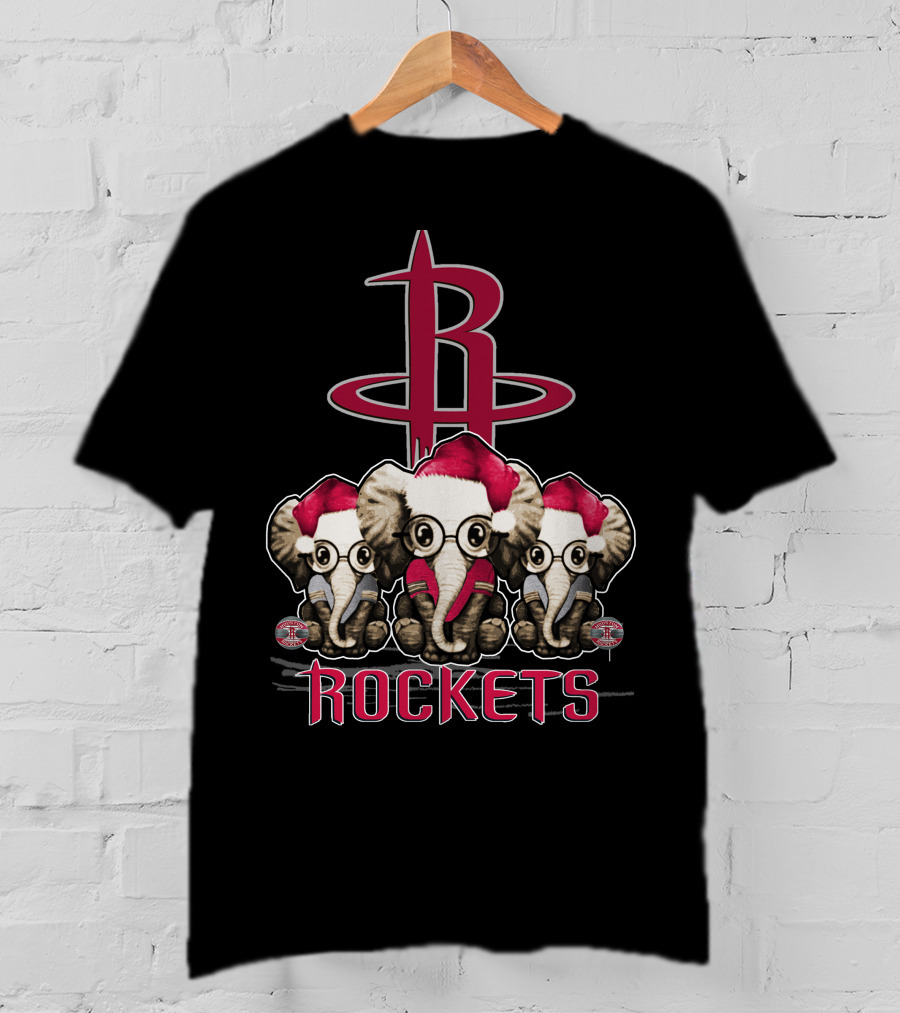 Houston Rockets Xmas Elephants With Santa Hats T-Shirt