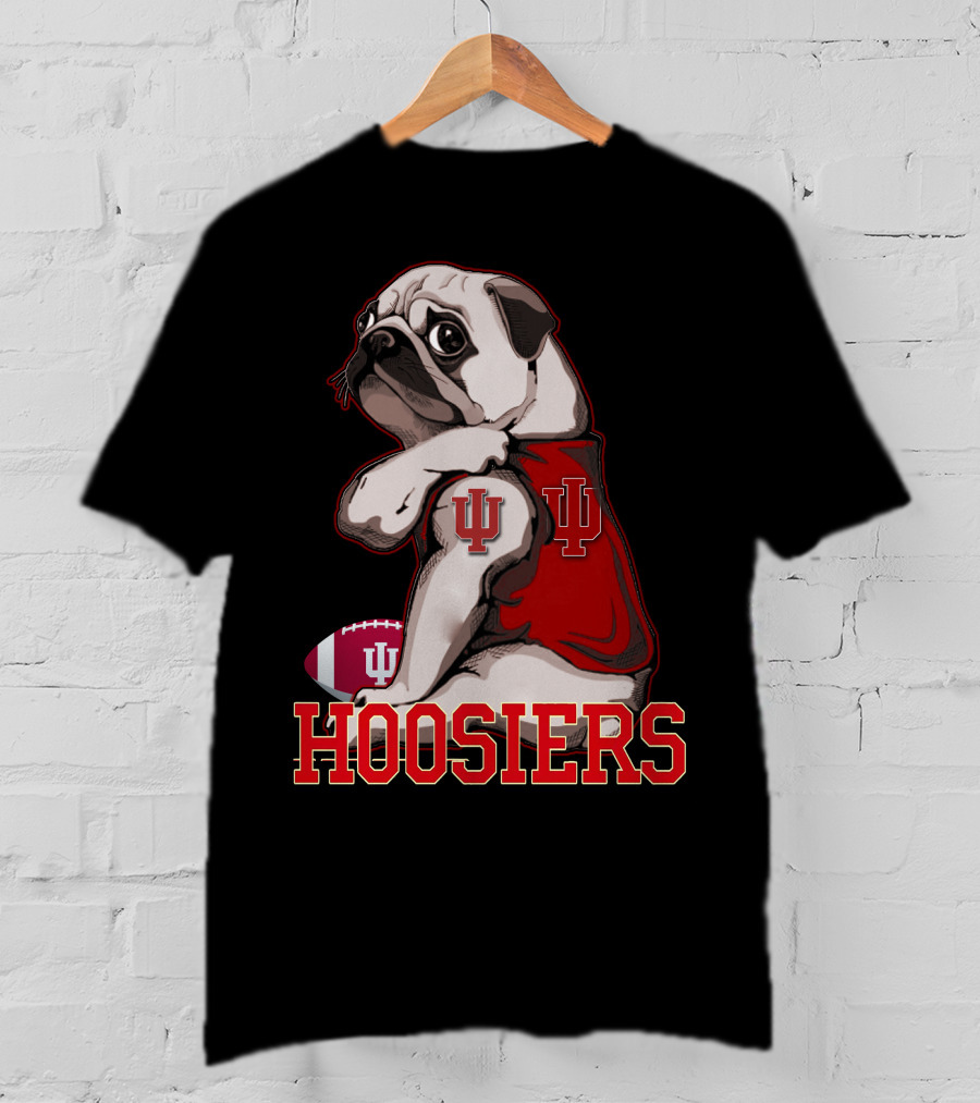 Pug Wearing Indiana Hoosiers Football Jersey With IU T-Shirt