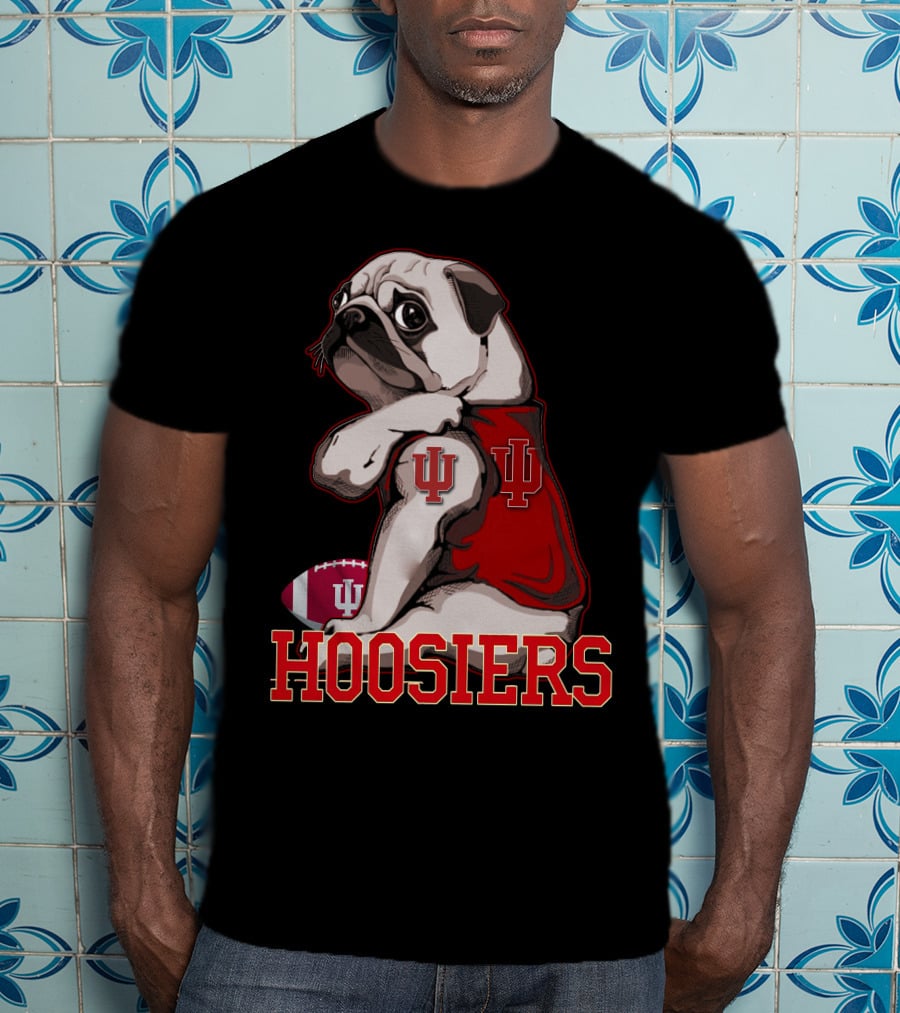 Pug Wearing Indiana Hoosiers Football Jersey With IU T-Shirt