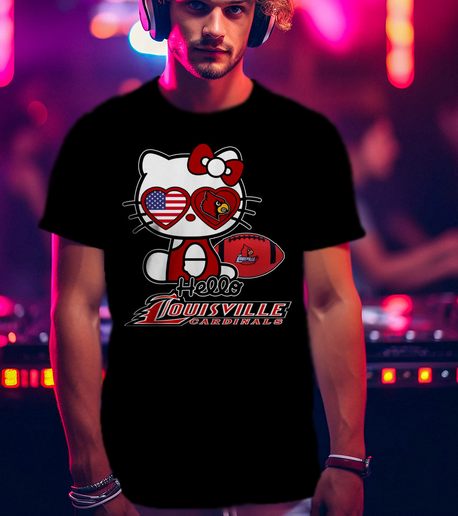 Hello Kitty American Flag Heart Eyes Louisville Cardinals Football T-Shirt