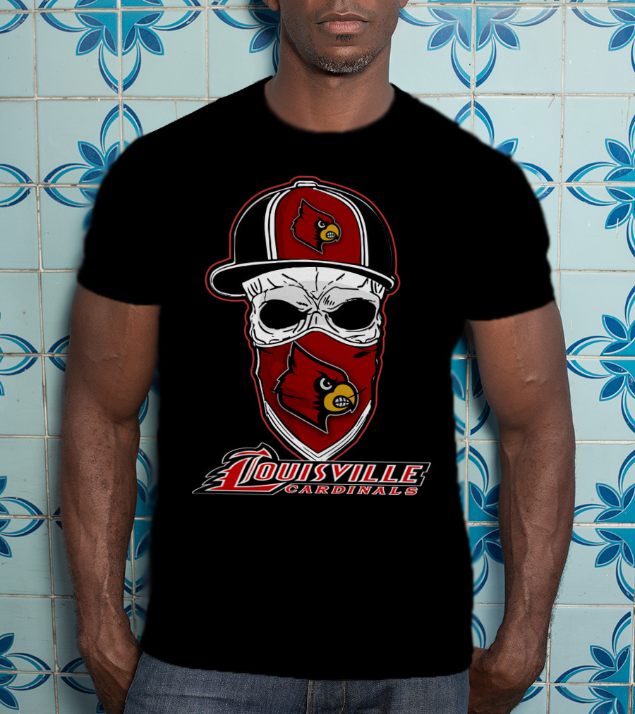 Louisville Cardinals Skull In Hat And Bandana T-Shirt