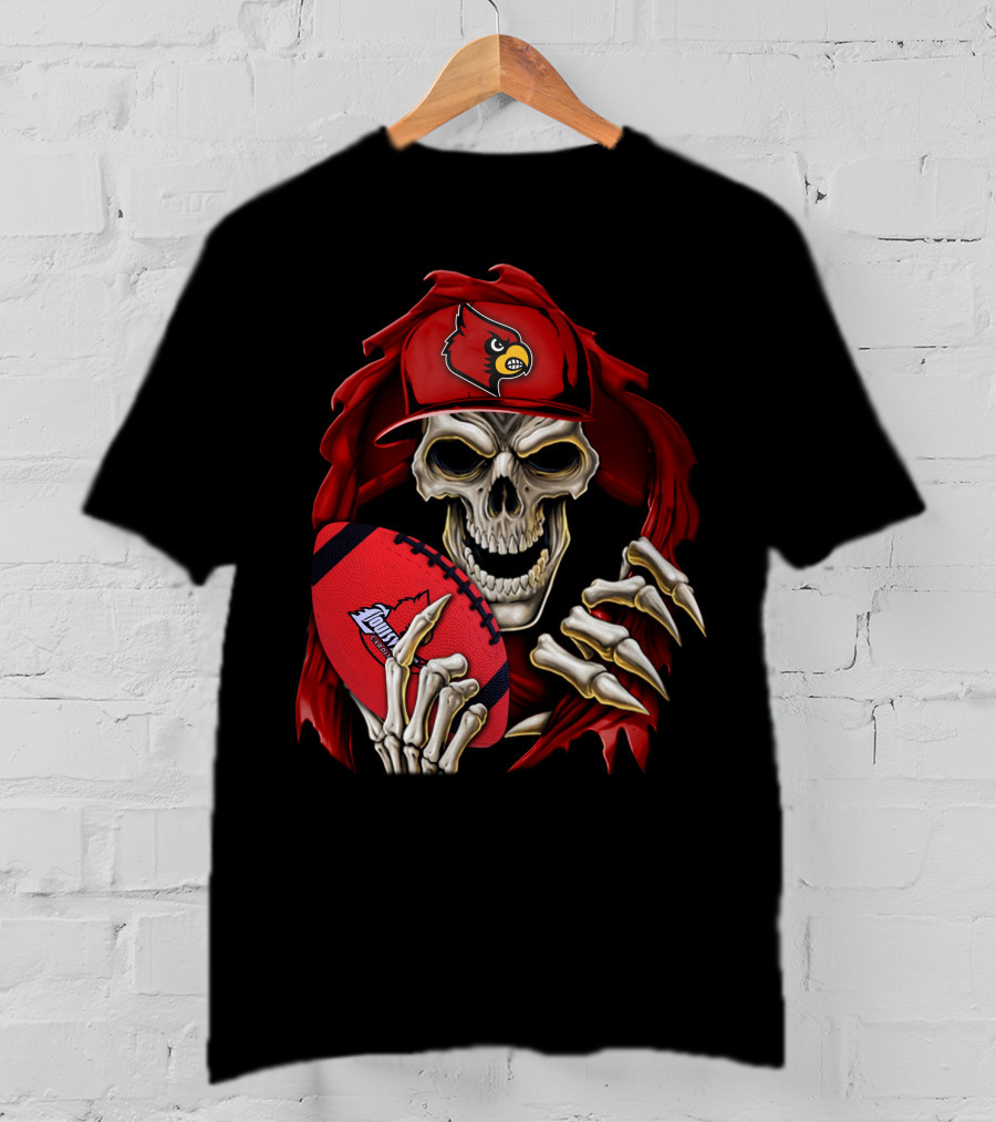 Skullbong Louisville Cardinals Skeleton With Football And Cap T-Shirt
