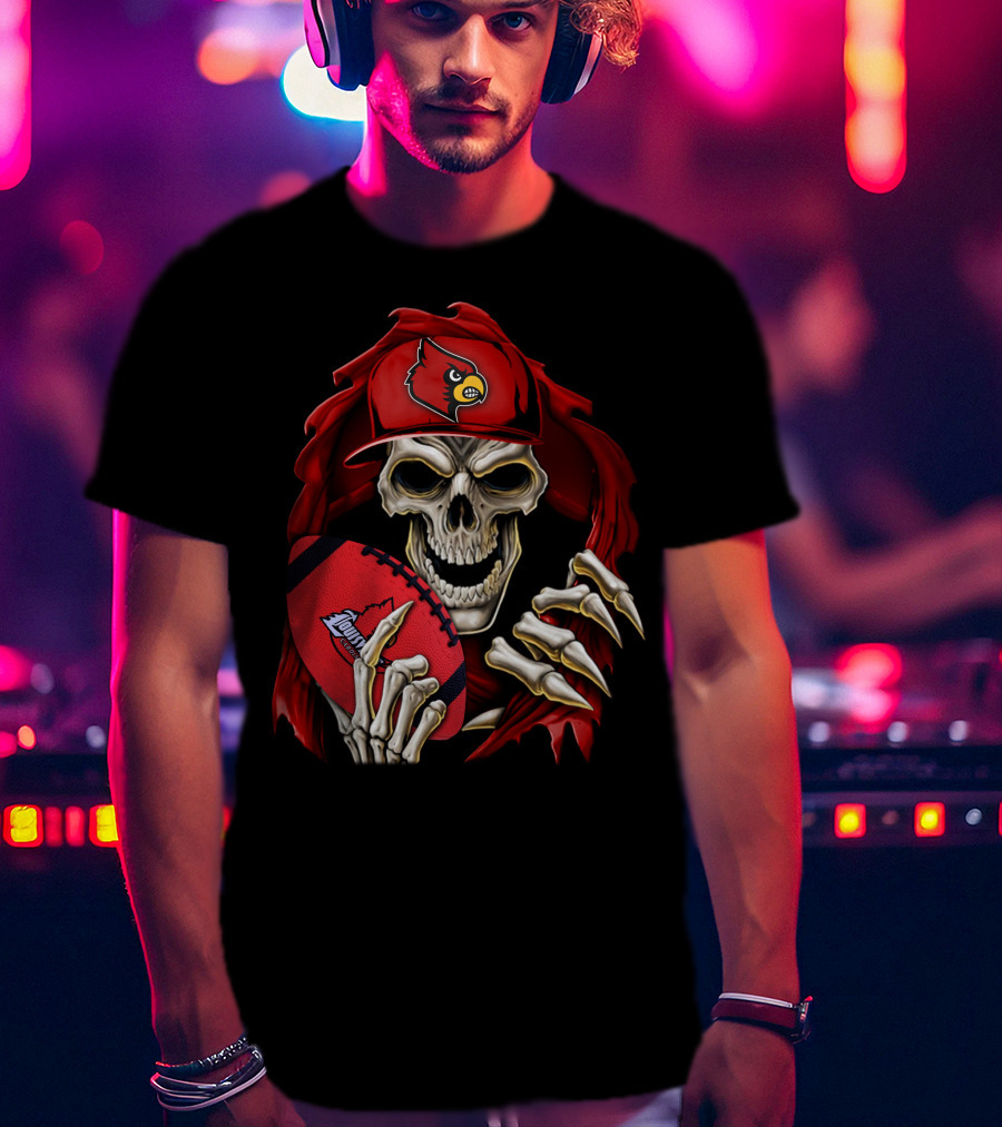Skullbong Louisville Cardinals Skeleton With Football And Cap T-Shirt