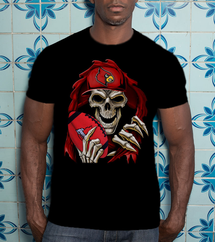 Skullbong Louisville Cardinals Skeleton With Football And Cap T-Shirt