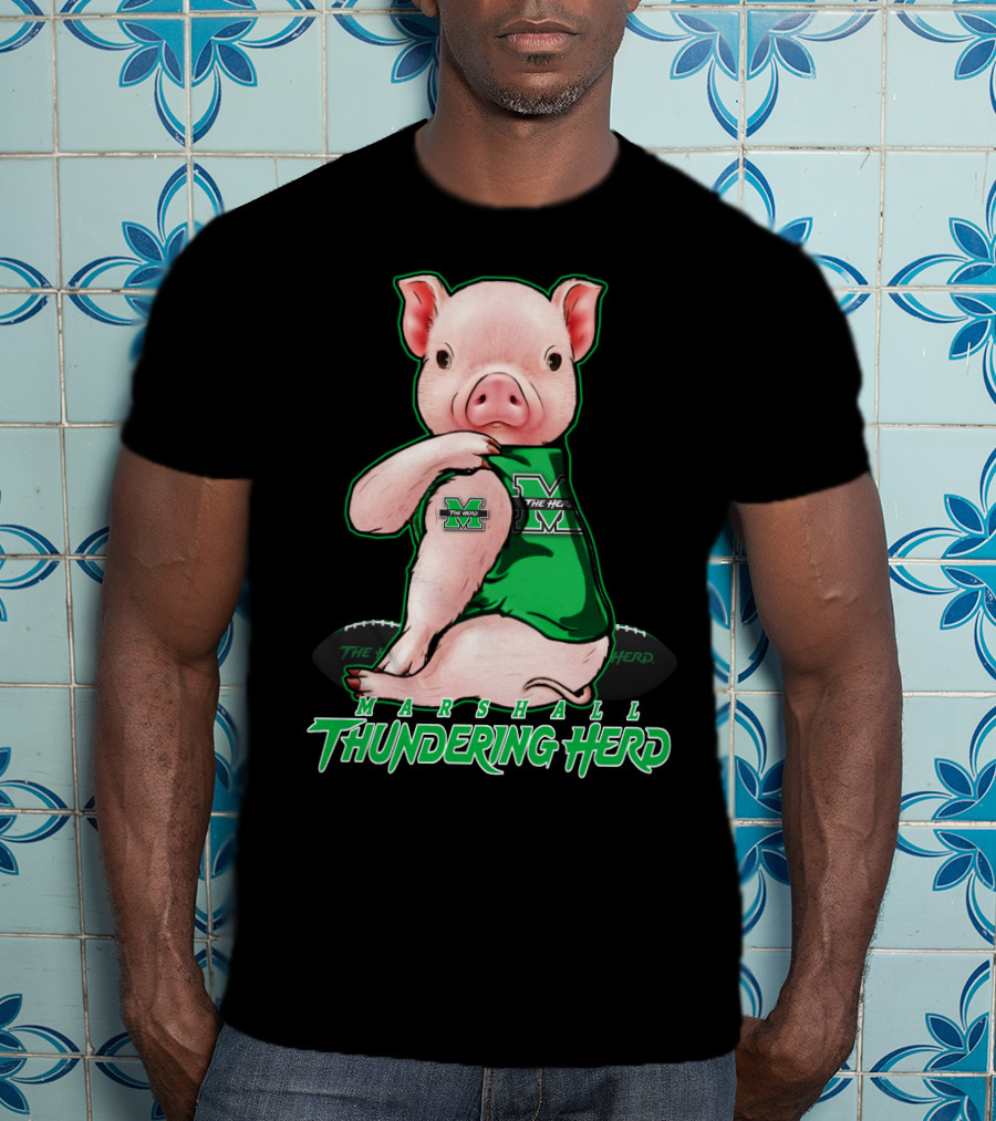 Marshall Thundering Herd Pig In Green Sports Jersey T-Shirt