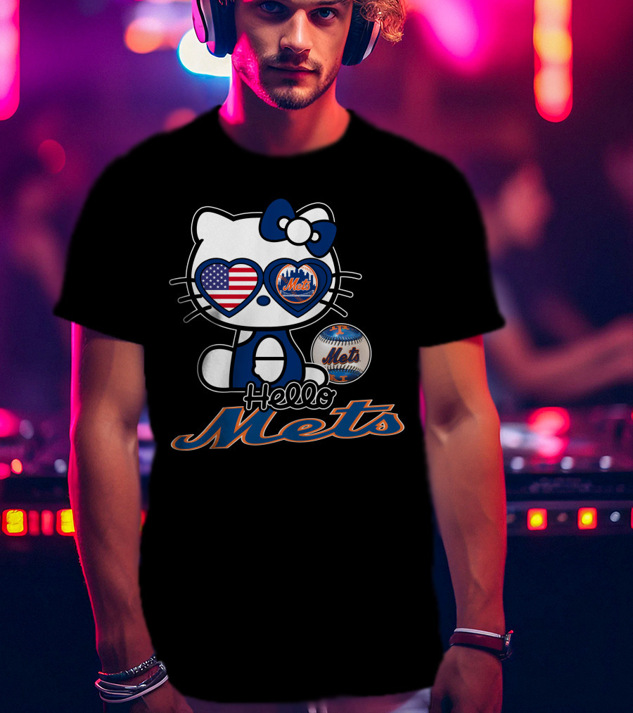 Hello Kitty Mets American Flag Baseball Collaboration T-Shirt