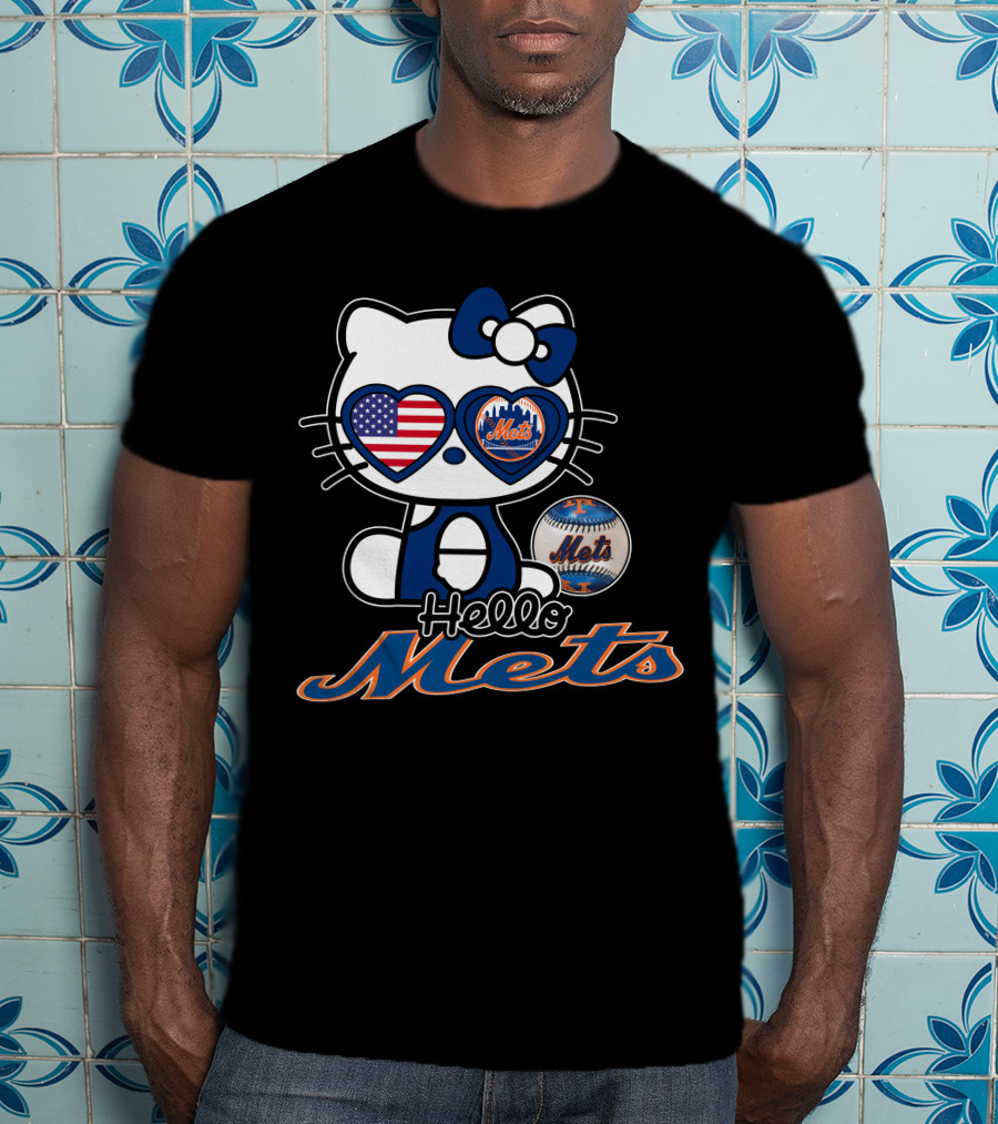Hello Kitty Mets American Flag Baseball Collaboration T-Shirt