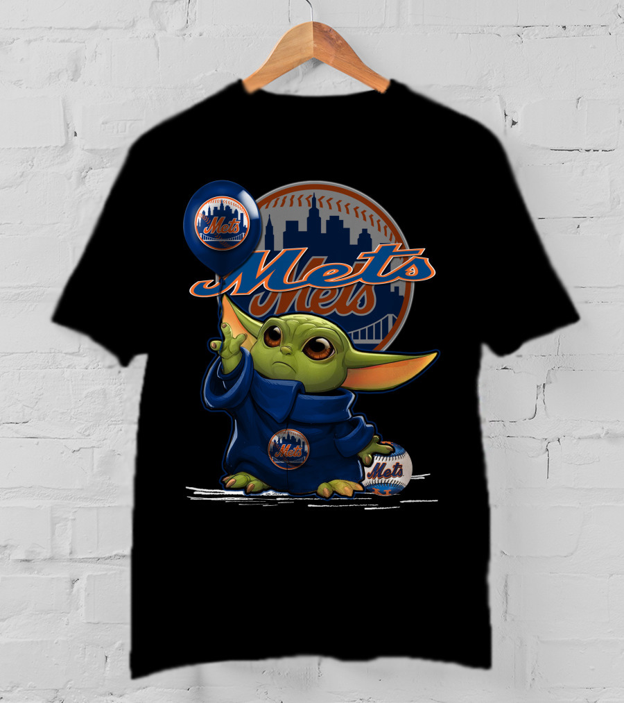 Yoda Mets Star Wars Baseball Fan Art New York Balloon And City Skyline T-Shirt