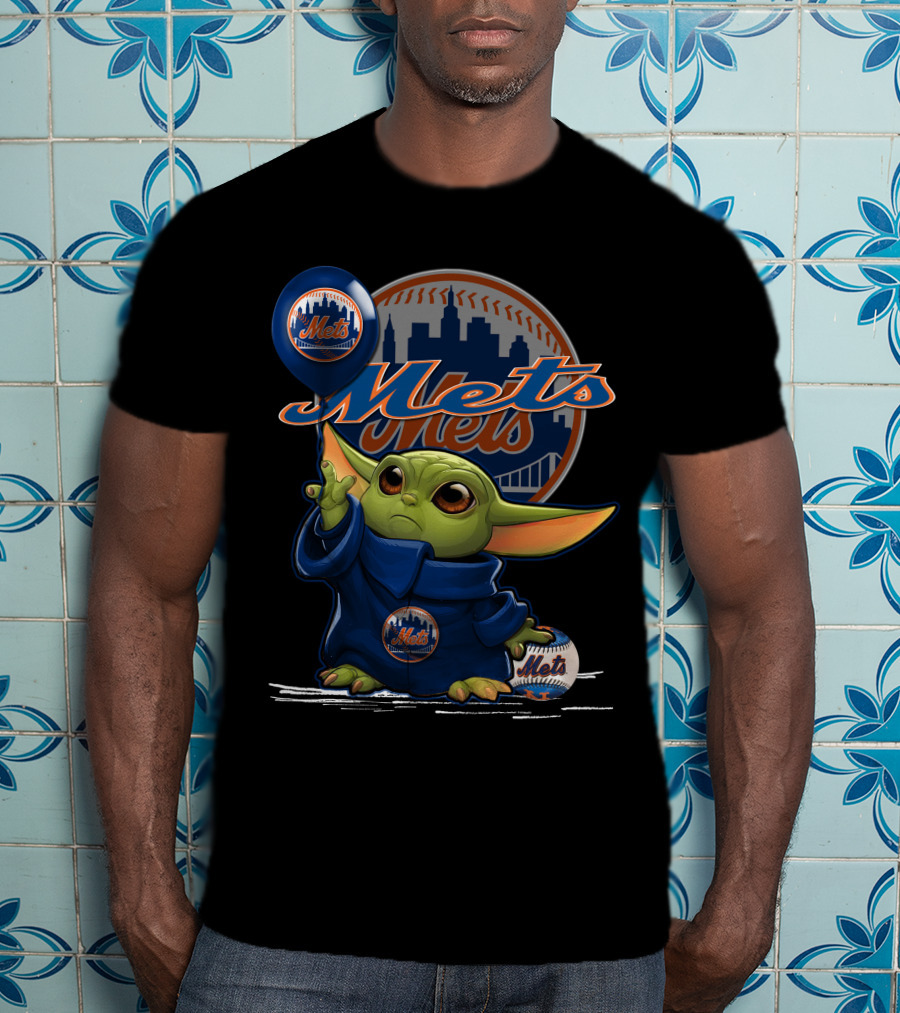 Yoda Mets Star Wars Baseball Fan Art New York Balloon And City Skyline T-Shirt