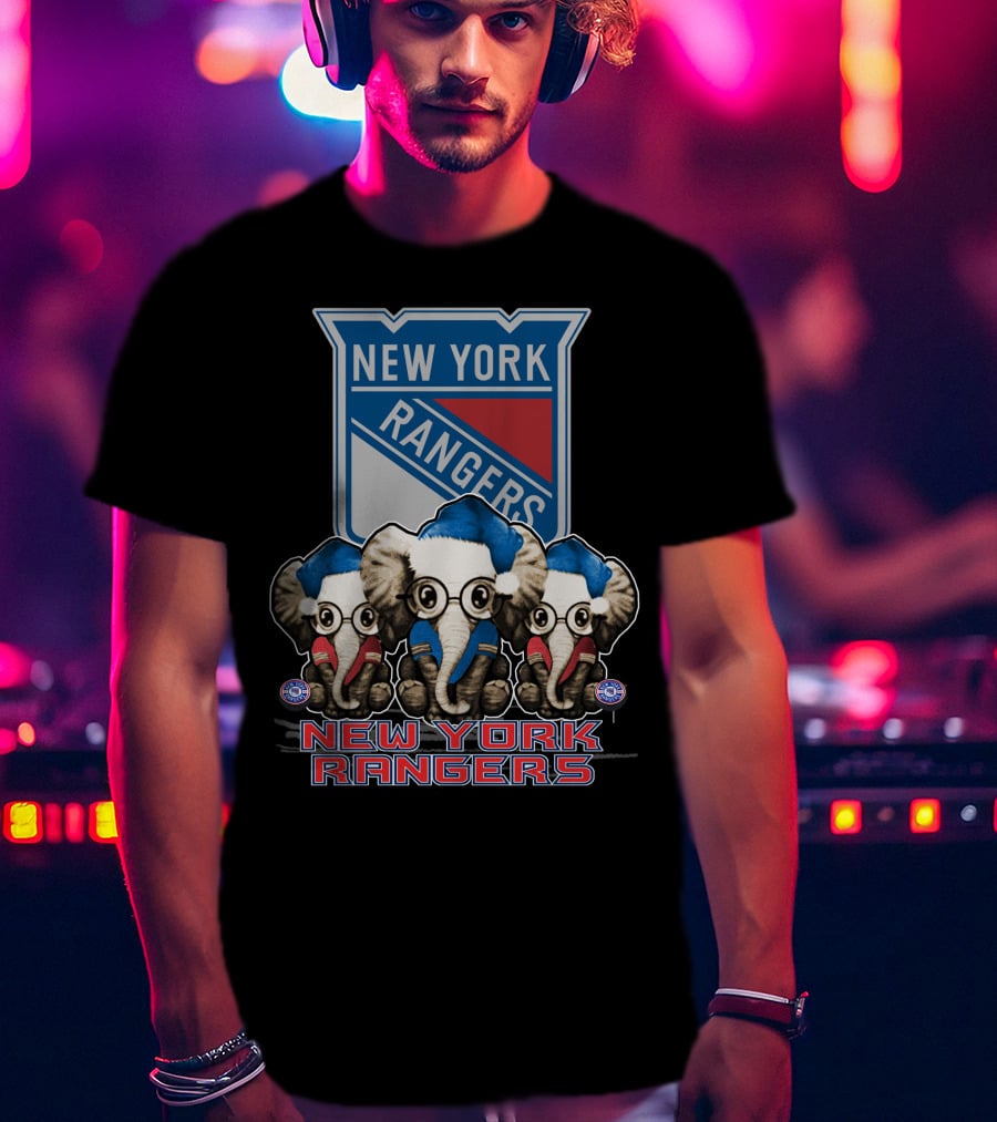 New York Rangers Christmas Elephants In Santa Hats T-Shirt