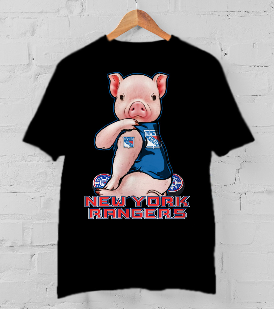 Pig Wearing New York Rangers Blue Logo T-Shirt