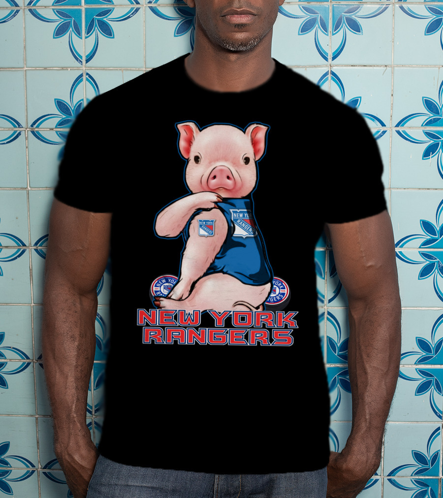 Pig Wearing New York Rangers Blue Logo T-Shirt