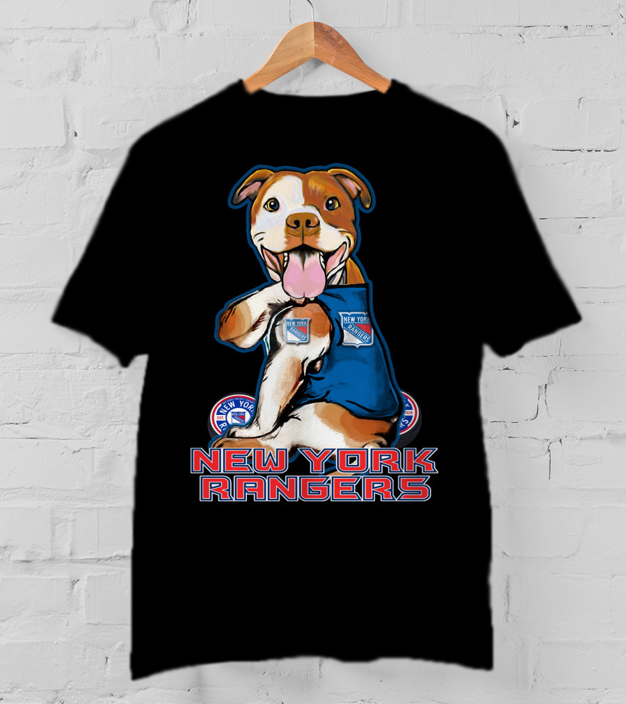 New York Rangers Pitbull With Logo And Paw Up T-Shirt