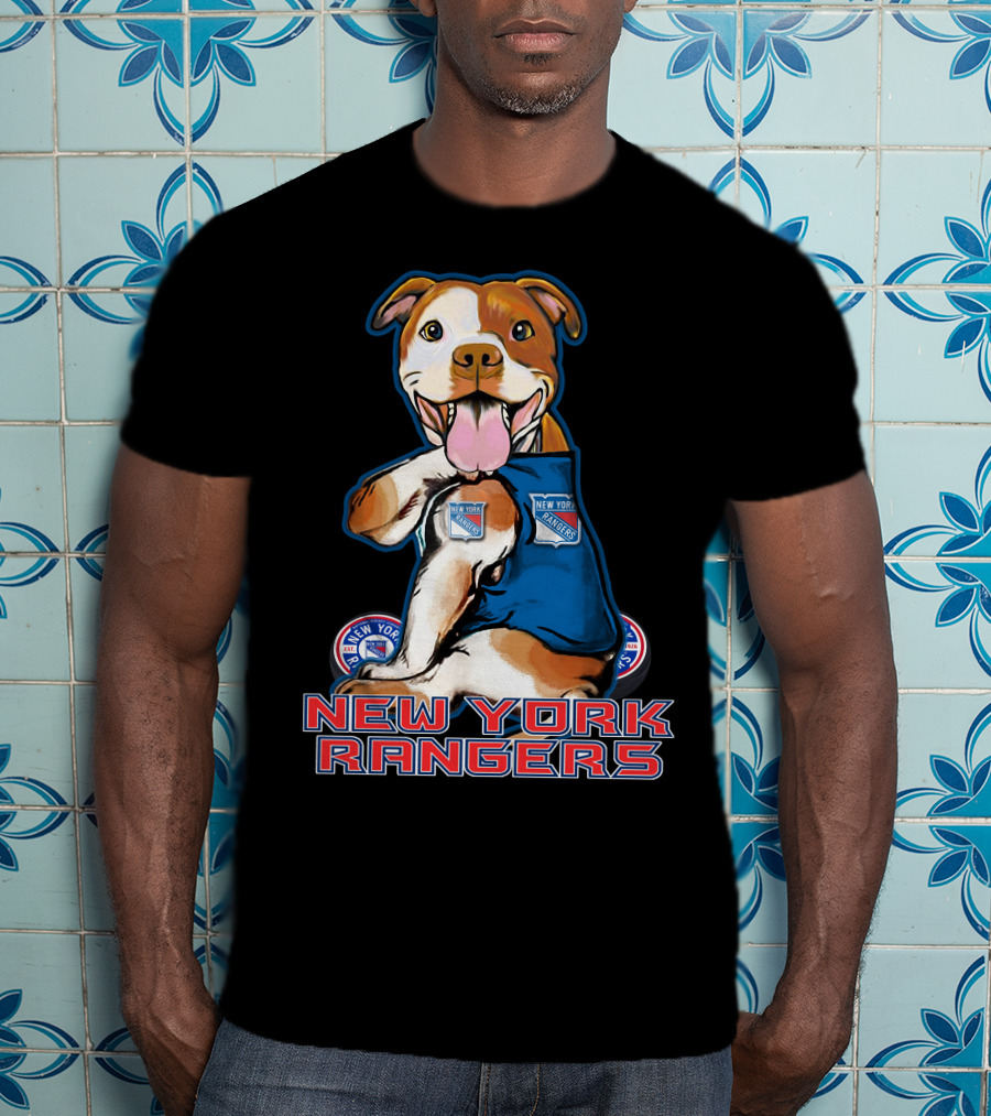 New York Rangers Pitbull With Logo And Paw Up T-Shirt