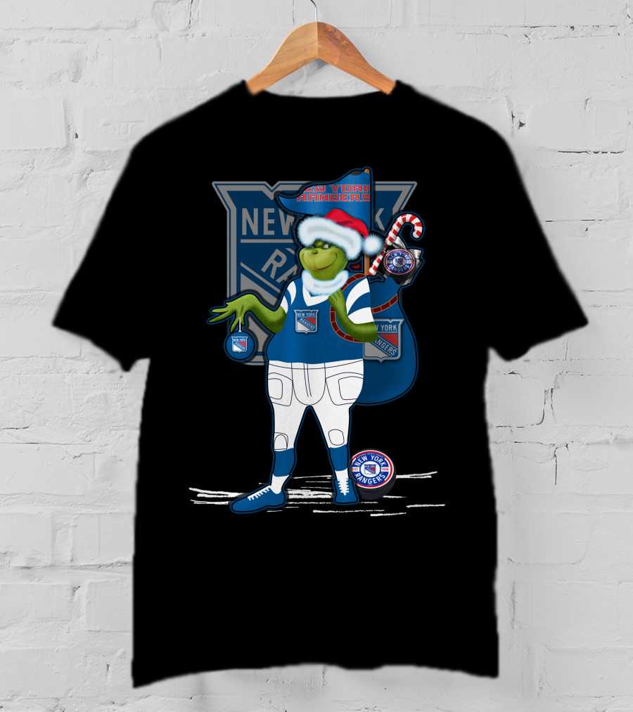 Grinch New York Rangers Christmas Santa Hat Candy Cane T-Shirt