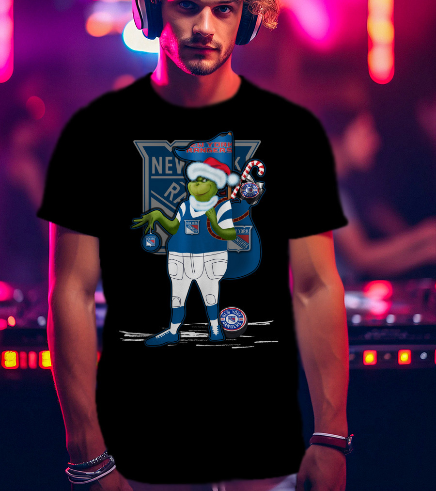 Grinch New York Rangers Christmas Santa Hat Candy Cane T-Shirt