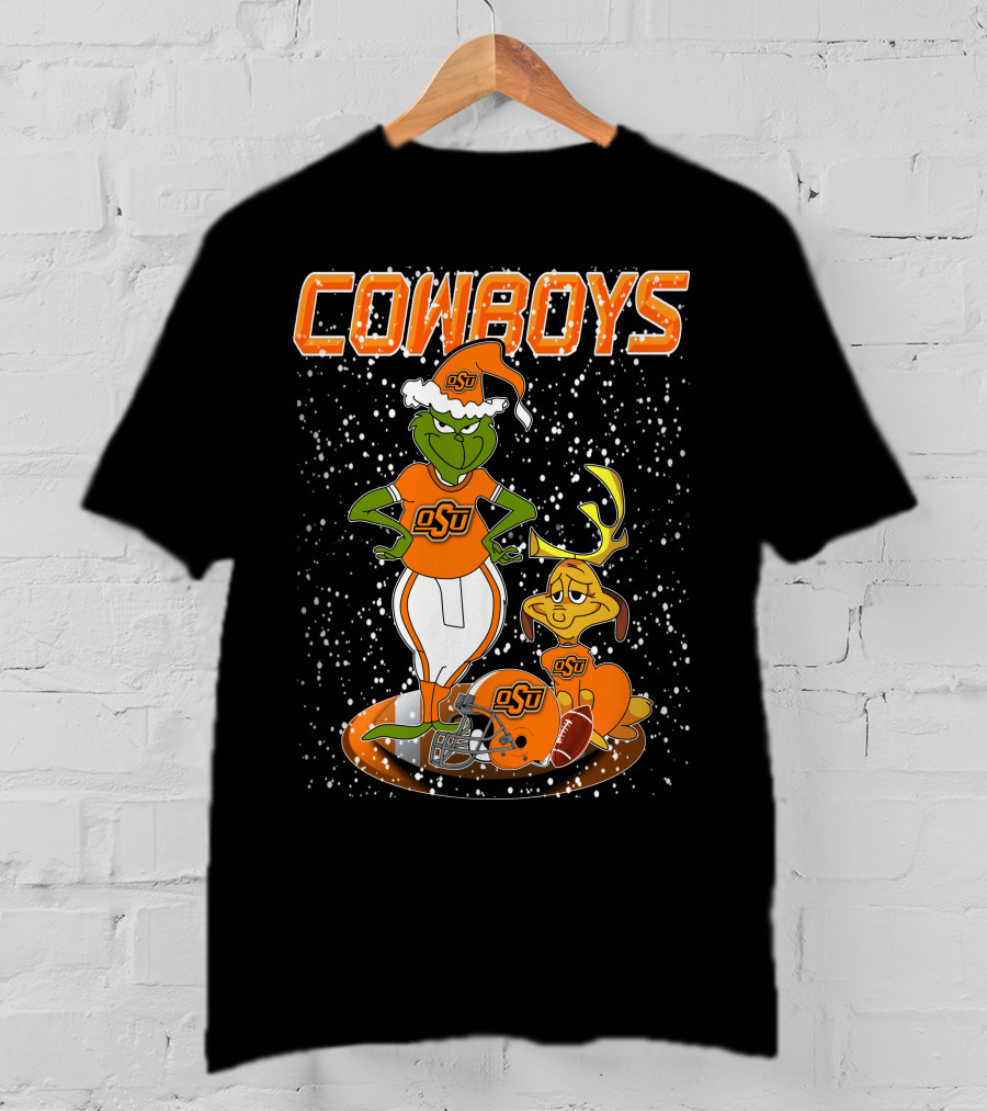 Grinchxmas OSU Cowboys Snowy Holiday Football T-Shirt