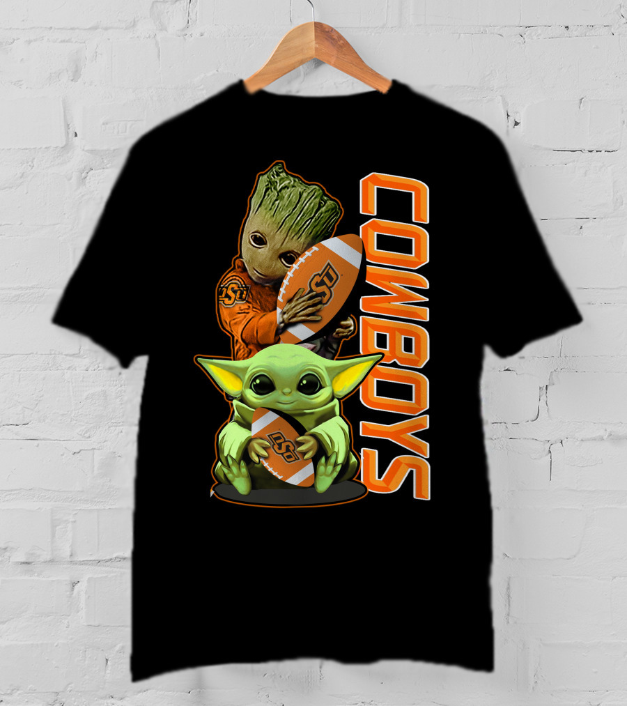 Grzd Oklahoma State Cowboys Groot Baby Yoda Football T-Shirt