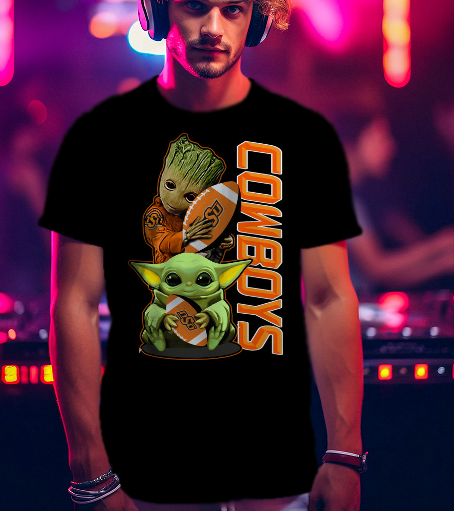 Grzd Oklahoma State Cowboys Groot Baby Yoda Football T-Shirt
