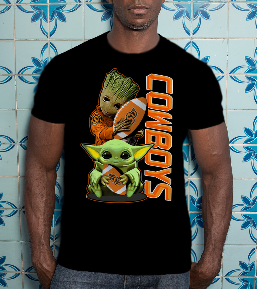 Grzd Oklahoma State Cowboys Groot Baby Yoda Football T-Shirt