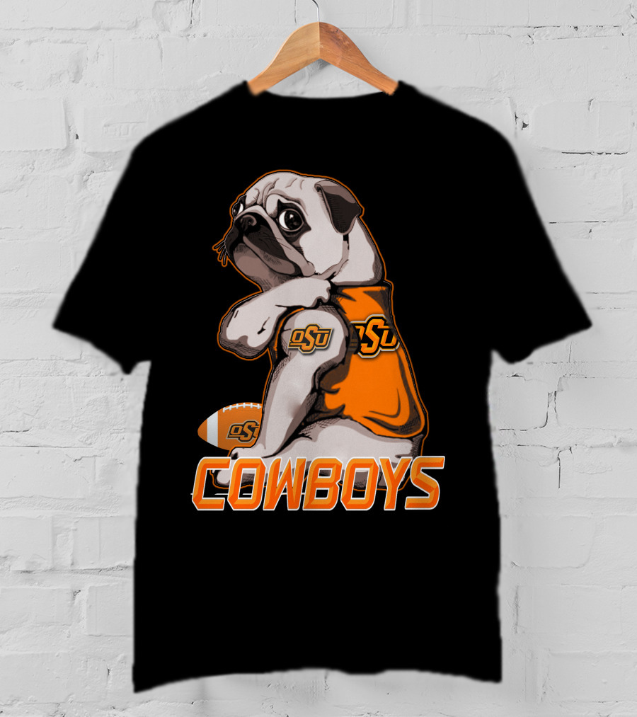 OSU Pug With Football And Cowboys Text T-Shirt