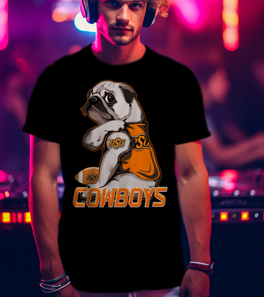 OSU Pug With Football And Cowboys Text T-Shirt