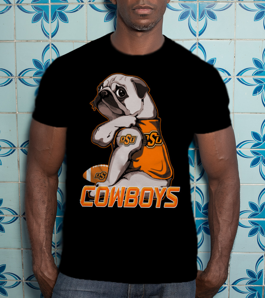 OSU Pug With Football And Cowboys Text T-Shirt