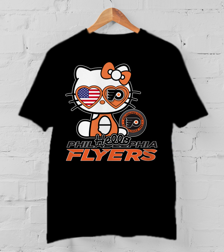 Hello Kitty Philadelphia Flyers American Flag Heart Glasses T-Shirt