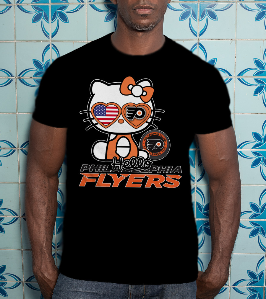 Hello Kitty Philadelphia Flyers American Flag Heart Glasses T-Shirt