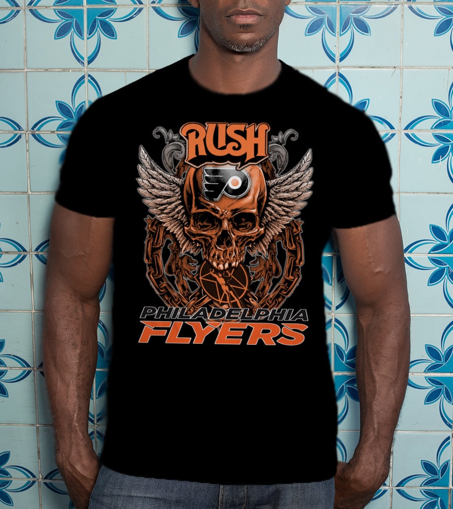 Rush Philadelphia Flyers Skull Wings Chain Hockey T-Shirt