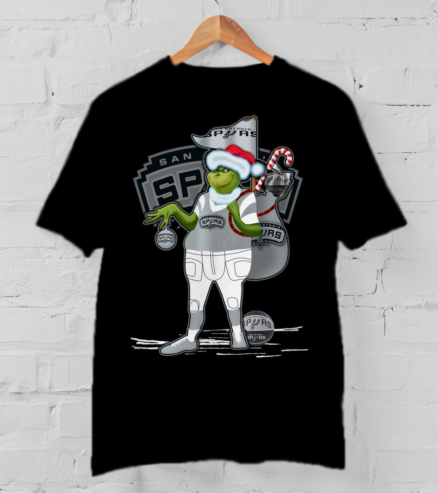 Grinch Santa Hat Holding Ornament San Antonio Spurs Christmas Sack T-Shirt