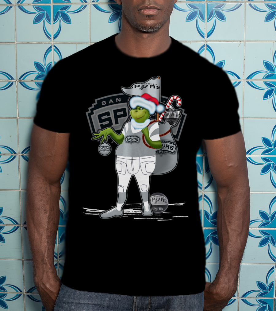 Grinch Santa Hat Holding Ornament San Antonio Spurs Christmas Sack T-Shirt