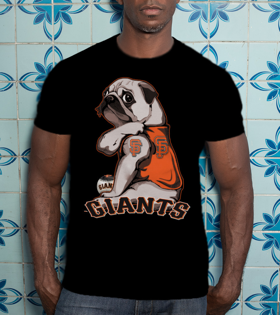 Pug In San Francisco Giants Orange Jersey With Logo And Baseball T-Shirt