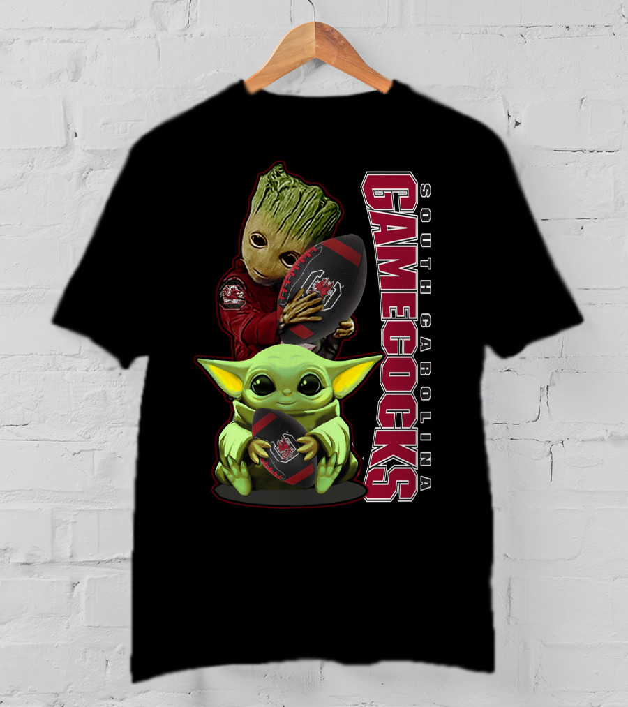 Groot And Baby Yoda Holding South Carolina Gamecocks Football T-Shirt