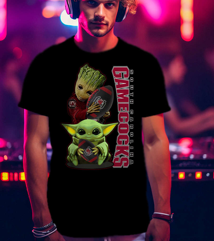 Groot And Baby Yoda Holding South Carolina Gamecocks Football T-Shirt