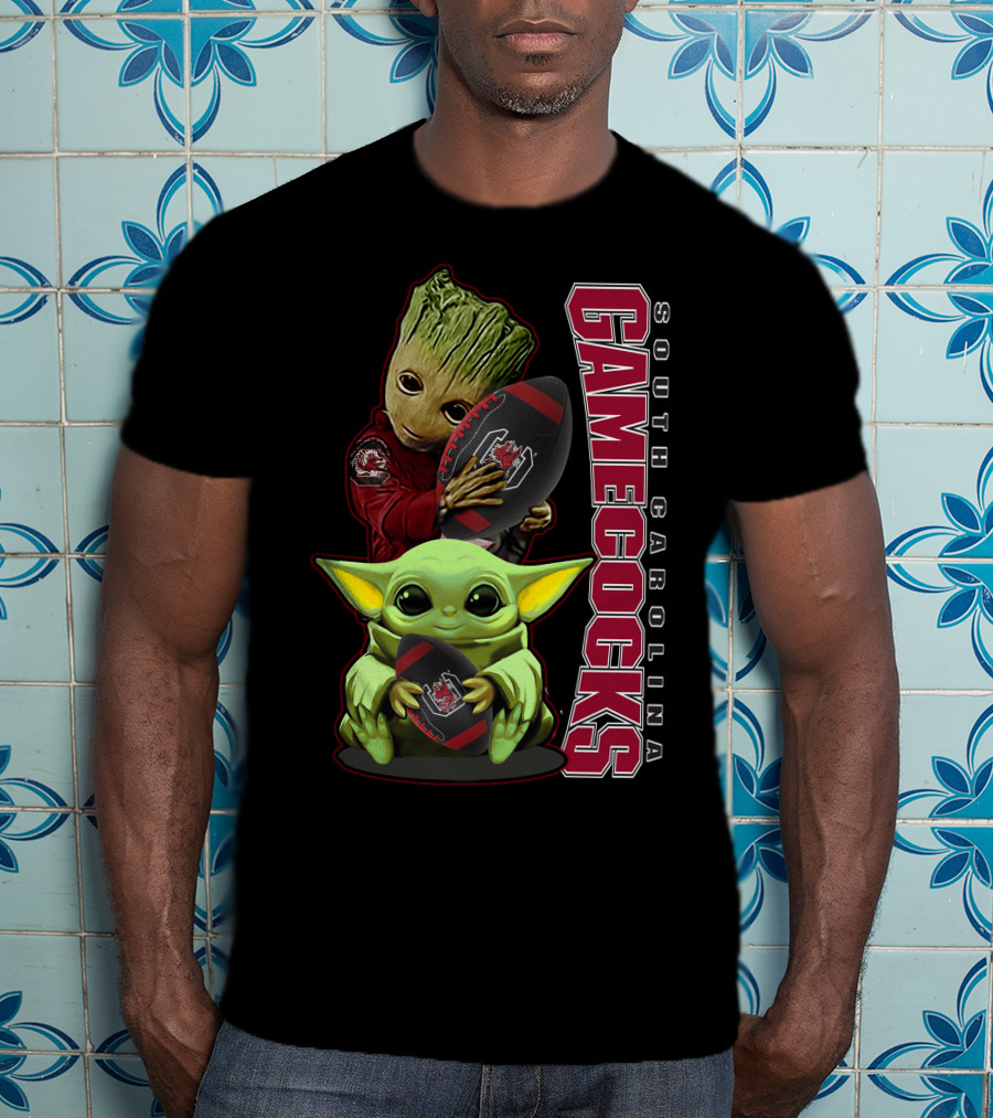 Groot And Baby Yoda Holding South Carolina Gamecocks Football T-Shirt