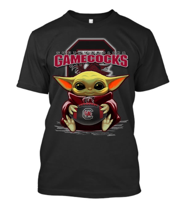 South Carolina Gamecocks Yoda Football Fan With Logo And Baby Mandalorian T-Shirt