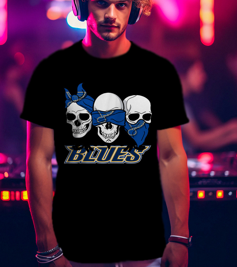 St. Louis Blues Skull Trio With Blue Bandanas Music Team Fan T-Shirt