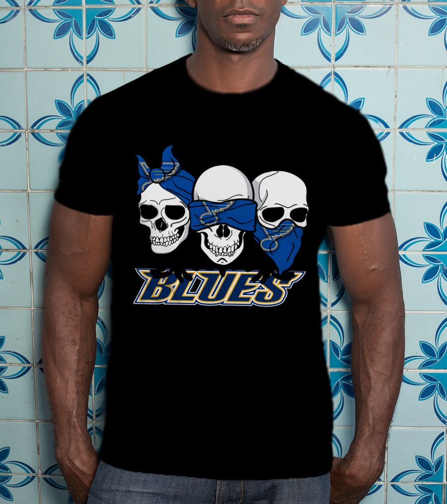 St. Louis Blues Skull Trio With Blue Bandanas Music Team Fan T-Shirt