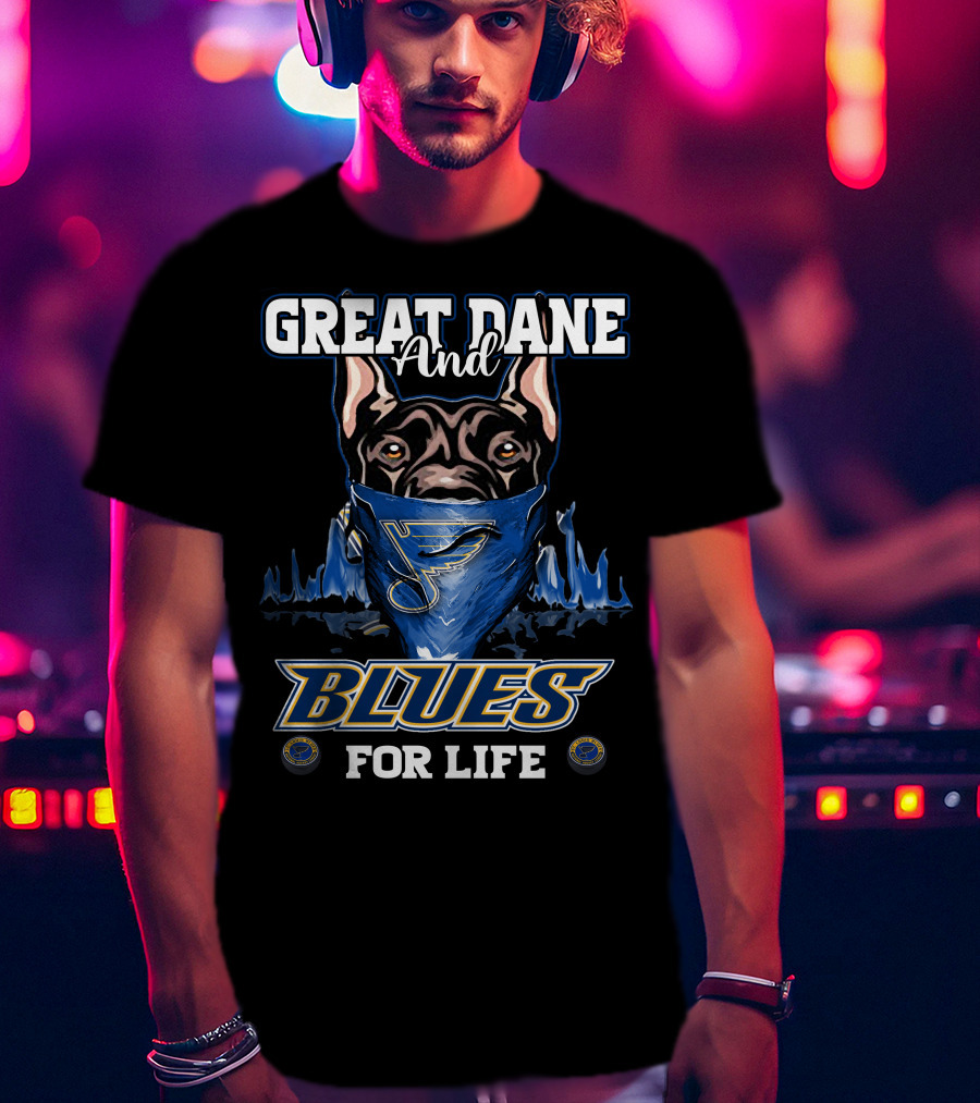 Great Dane And St. Louis Blues For Life With Blues Logo Bandana T-Shirt