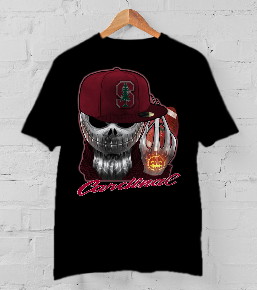Jackskull Holding Football With Stanford Cardinal Hat And Glowing Pumpkin T-Shirt