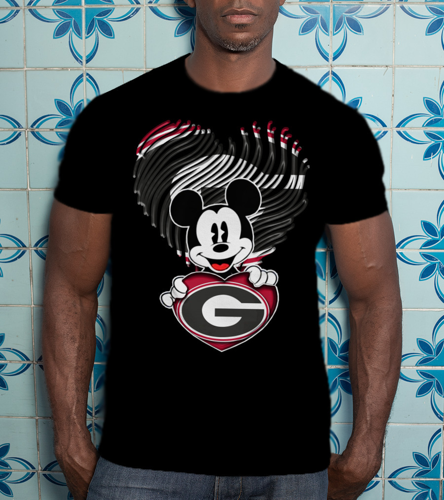 Mick Georgia Bulldogs Heart With G Logo And Black Red Stripes T-Shirt