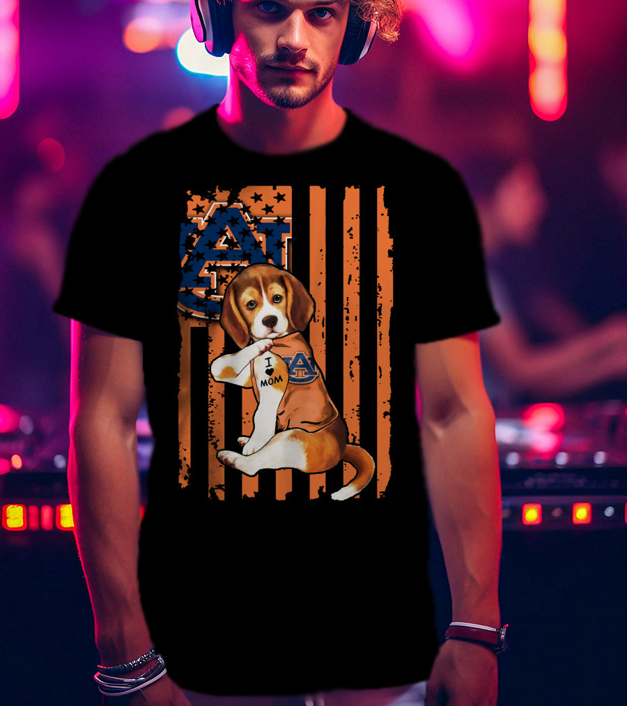 Auburn Tigers Beagle With I Love Mom Tattoo On Auburn T-Shirt