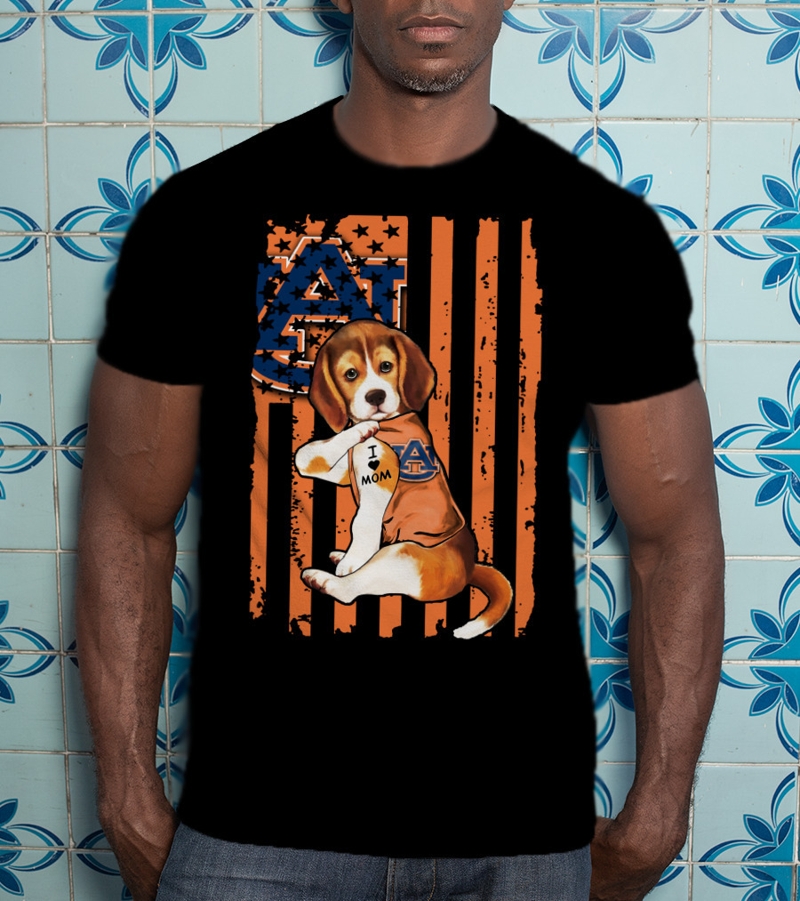 Auburn Tigers Beagle With I Love Mom Tattoo On Auburn T-Shirt