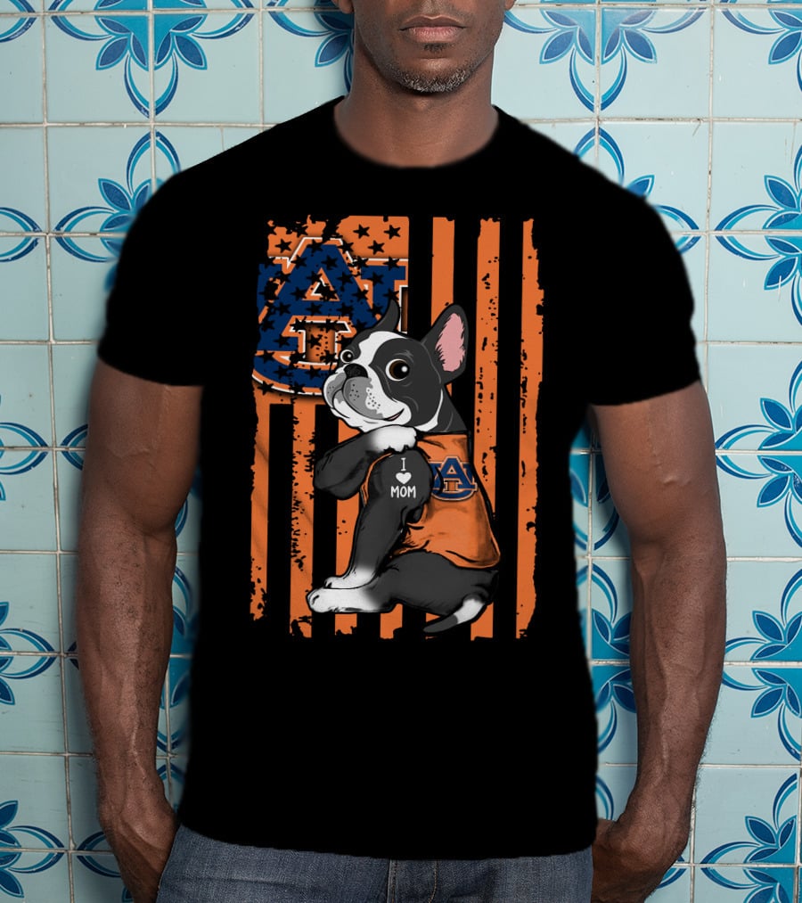 Boston Terrier Auburn Tigers I Love Mom Paw Prints T-Shirt